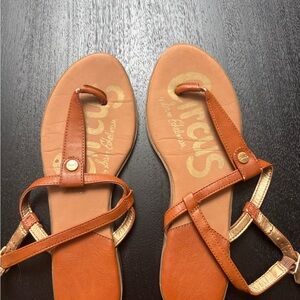 Circus by Sam Edelman Tan and Gold Leather T-Strap Sandals